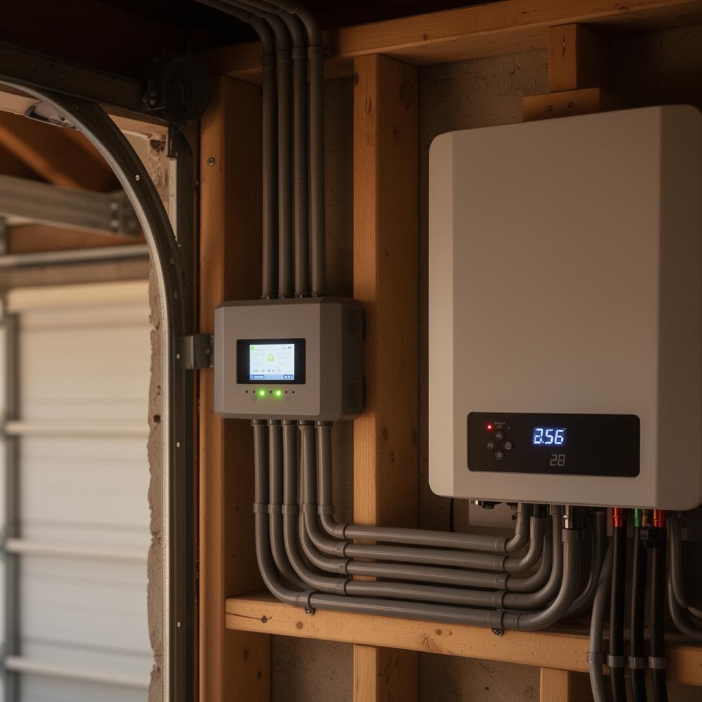 Battery gateway, inverter, and conduit work inside a residential garage