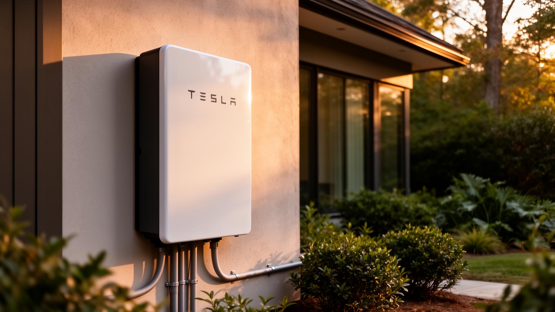 Tesla Powerwall battery storage system mounted on a metro Atlanta home at golden hour