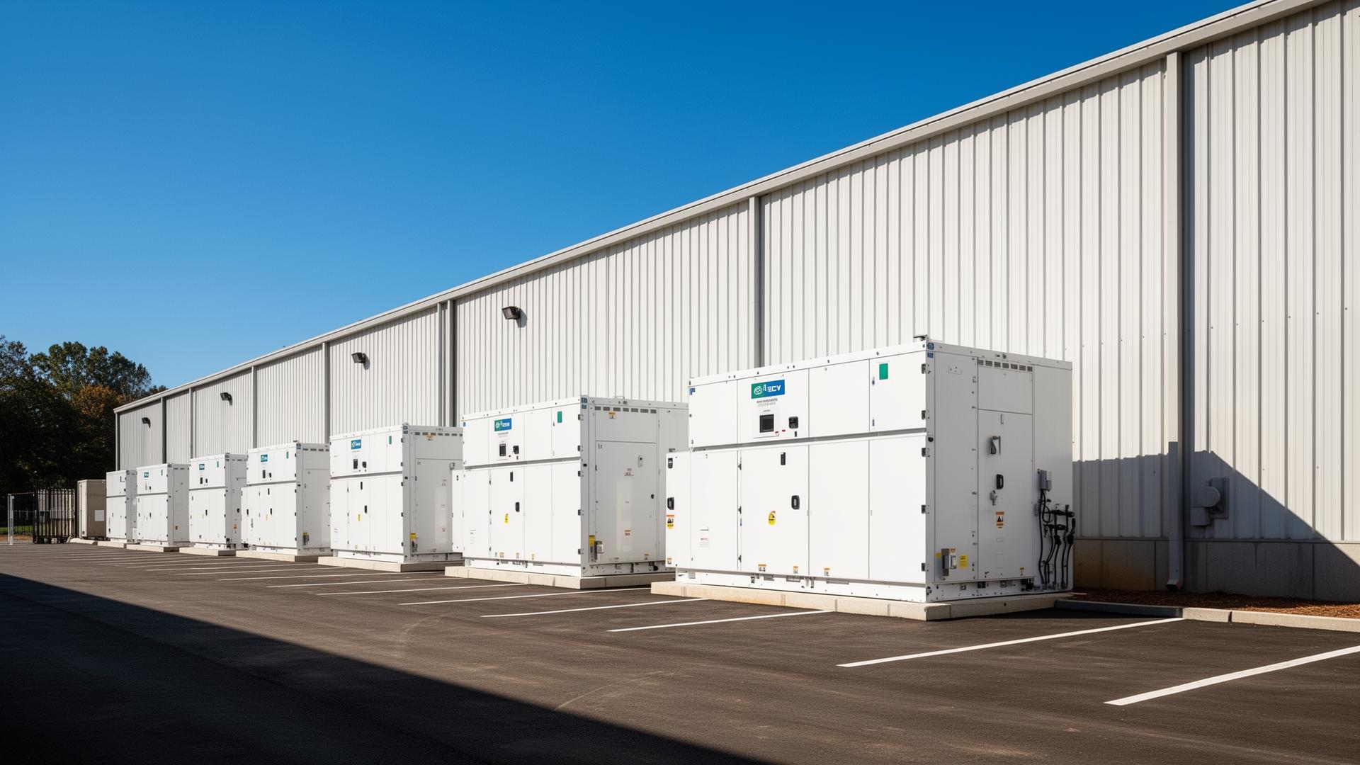 Commercial battery energy storage cabinets installed alongside an Atlanta industrial facility