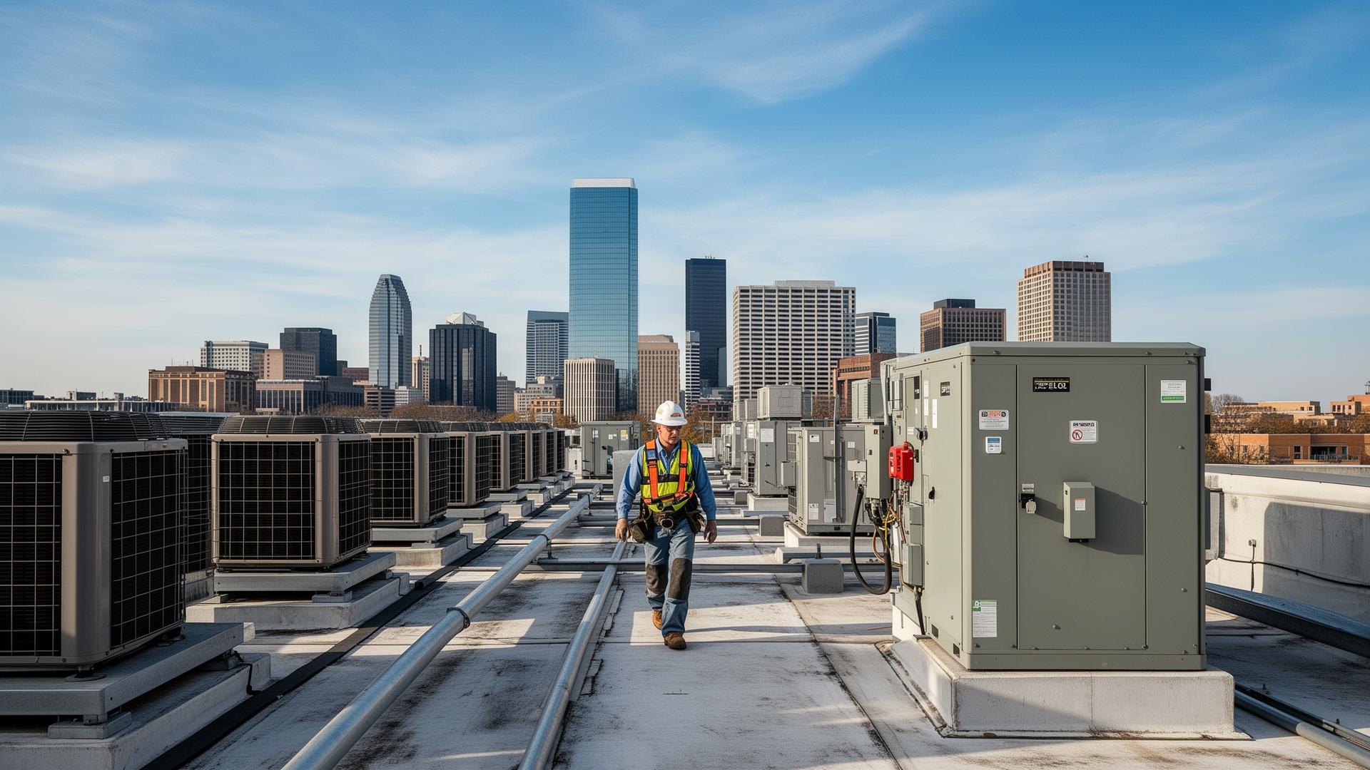 Voltline technician walking a midtown Atlanta rooftop alongside RTUs and electrical disconnect cabinets