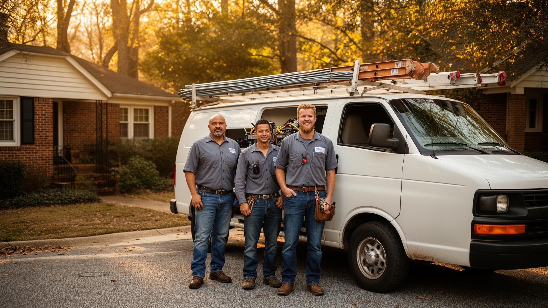 Voltline electrician crew standing with their work van on a tree-lined Atlanta street
