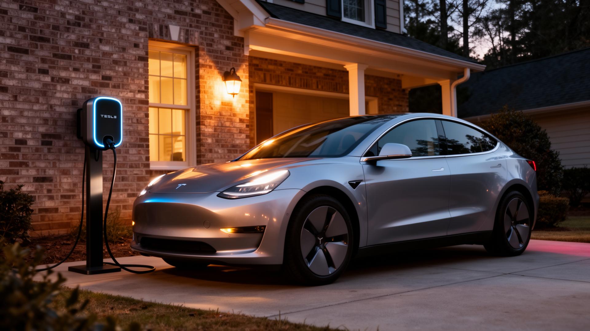 Electric vehicle charging in a metro Atlanta driveway at dusk on a wall-mounted Level 2 charger