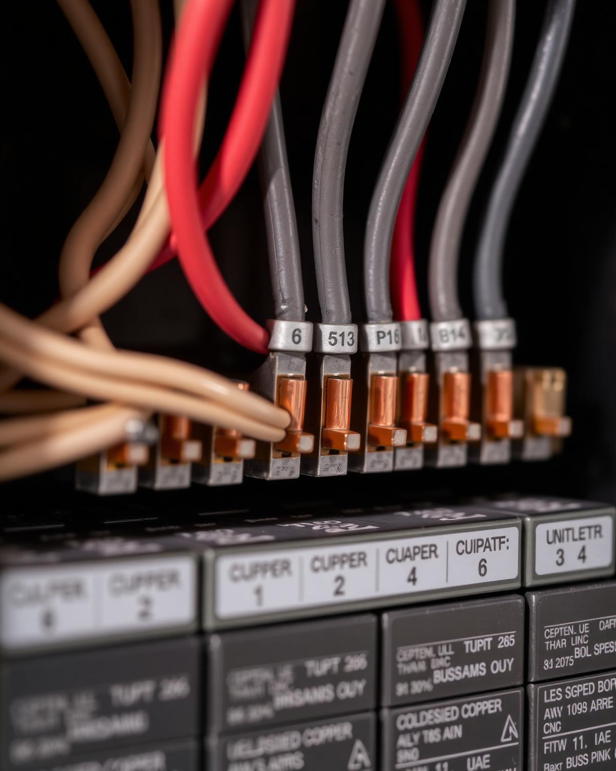 Macro detail of dressed copper conductors landed on a polished bus bar