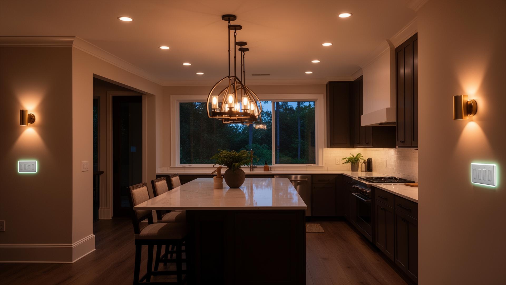 Warm evening interior of an Atlanta kitchen with recessed lighting, designer chandelier, and smart dimmer switches
